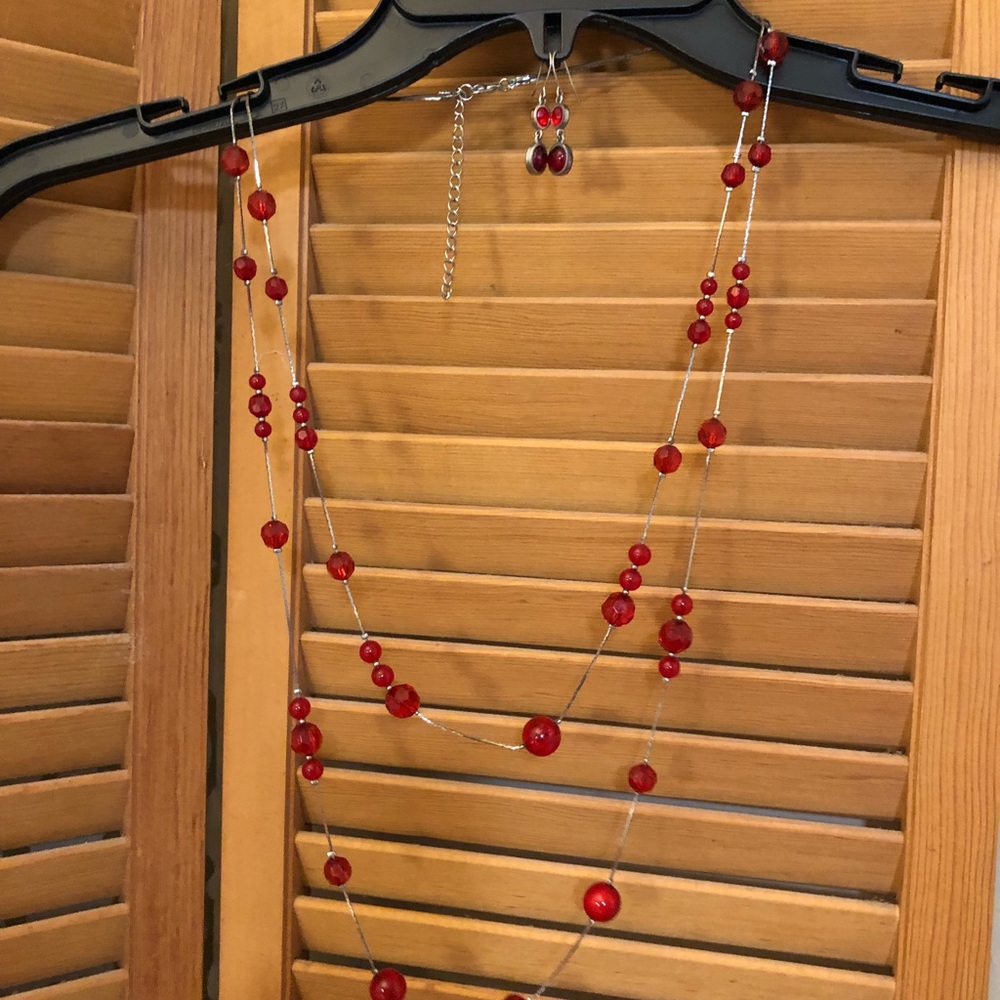 Red and silver double strand fashion necklace with matching earrings